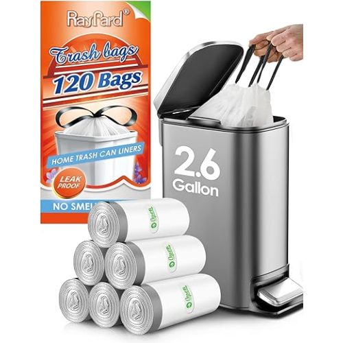 120 Counts 2.6 Gallon Small Drawstring Trash Bags Garbage Bags by RayPard, Small Strong Plastic Bags fit 7.5-10 Liter Trash Can for Home Office Kitchen Bathroom Bedroom, White Waste Basket Liners