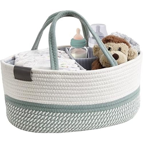 DECOMOMO Green Diaper Caddy, Nappy Caddy, Woven Baby Basket (Sage Green & White, Large)