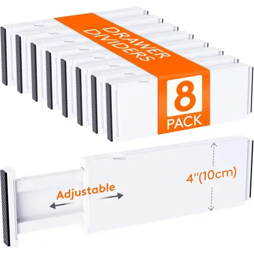 Lifewit 8 Pack Drawer Dividers 4" High, 11-17" Adjustable Dresser Drawer Organizers for Clothes, Expandable Drawer Separators in Kitchen/Bedroom/Bathroom/Vanity/Office Organization and Storage, White