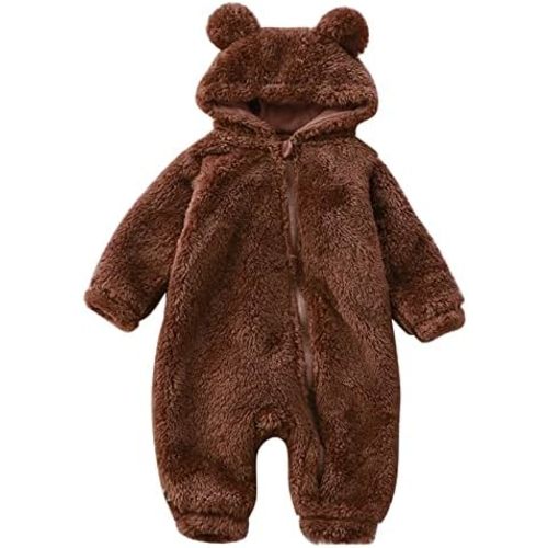 Baby Fleece Hooded Romper Ears Zip Up Long Sleeves Warm Comfy Fall Winter Clothes Infant Cute Clothes Outfits
