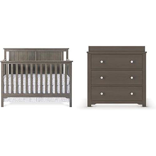 Child Craft Cottage Flat Top Crib, Dresser and Topper Nursery Set, 3-Piece, Includes 4-in-1 Convertible Crib, Dresser and Topper, Grows with Your Baby (Dapper Gray)