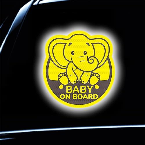 Baby On Board Sticker for Cars- 2Pack Baby in Car High Intensity Reflective Waterproof Vinyl Safety Car Signs for Rear, Side Windows, Bumpers-Baby Elephant (Round)