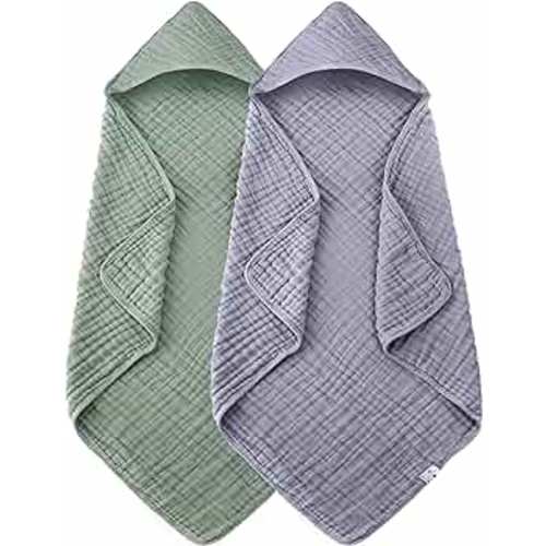 2 Pack Hooded Baby Towels - 100% Muslin Cotton for Newborns, Infants, Toddlers - Large 32x32Inch Size - Highly Absorbent and Essential for Newborn Care, Green and Grey