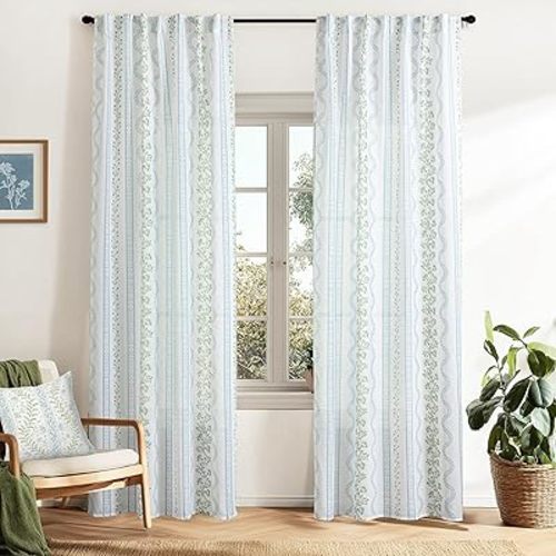 Nursery Curtains for Baby Girl Boy,Vintage Boho Blue and Green Floral Custom Designer Linen Sheer Flower Pastel Curtains for Kids Bedroom 90 Inch Long