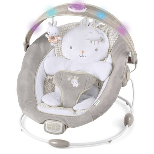Ingenuity InLighten Baby Bouncer Infant Seat with Light Up -Toy Bar, Vibrations, Tummy Time Pillow & Sounds, 0-6 Months Up to 20 lbs (Twinkle Tails Bunny)