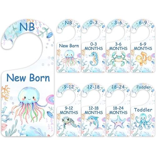 AnyDesign 8 pcs Ocean Wooden Baby Closet Dividers Baby Wardrobe Hanger Organizer Starfish Turtle Crab Newborn to 24 Months Wooden Infant Wardrobe Separators for Summer Home Nursery Gifts