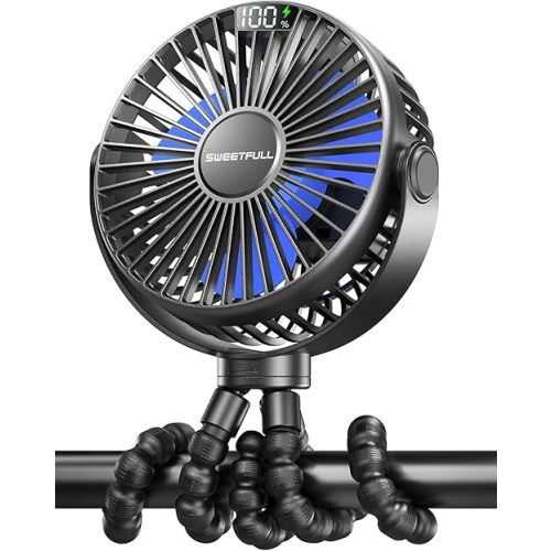 SWEETFULL Portable Stroller Fan, with Display 4000mAh Battery Powered Mini Clip On Fan, 4-Speed Rechargeable Small Personal Fan Handheld Desk Cooling Fan for Baby Car Seat Crib Travel Black