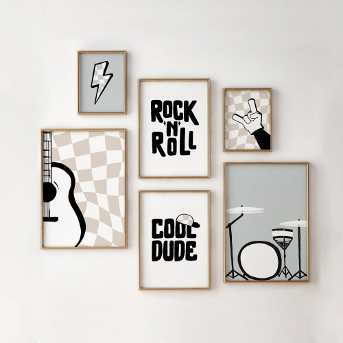 Rock 'N' Roll Nursery Decor, Oatmeal & Light Gray, Music Wall Art, Instrument Artwork, Boy Bedroom Wall Decor, Nursery Art, Digital Download