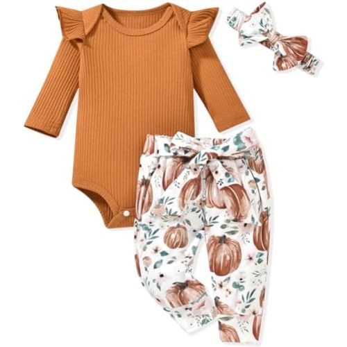 Aalizzwell Preemie Newborn Infant Baby Girls Clothes Ribbed Romper Bodysuit Pants Set Fall Winter Outfits