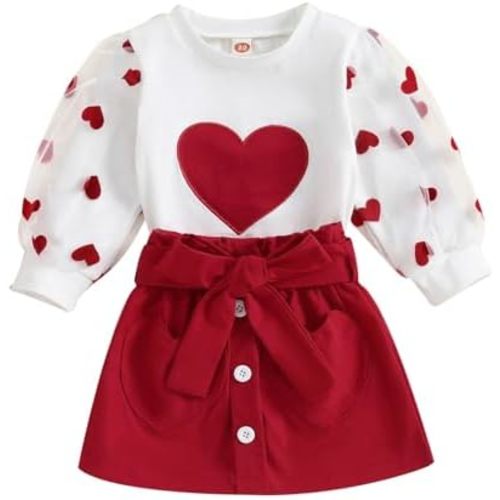 Toddler Girl Valentines Day Outfit Love Heart Sweatshirt Long Sleeve Shirts and Red Skirts Set Winter Spring Clothes
