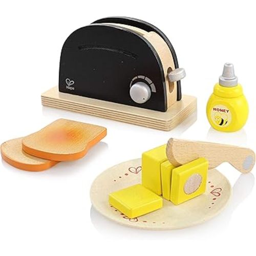 Hape Wooden Black Pop up Toaster Set| Pretend Play Kitchen Playset with Toast, Butter and Honey for Preschoolers Ages 3 Years and Up