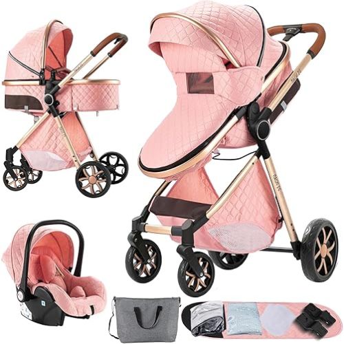 3 in 1 Baby Stroller Travel System Combo Set, Infant High Landscape Pram, Foldable Reversible Portable Standard Stroller, Newborn Pushchair Buggy, Reclining Baby Carriage (MGV9-PINK Without Base)