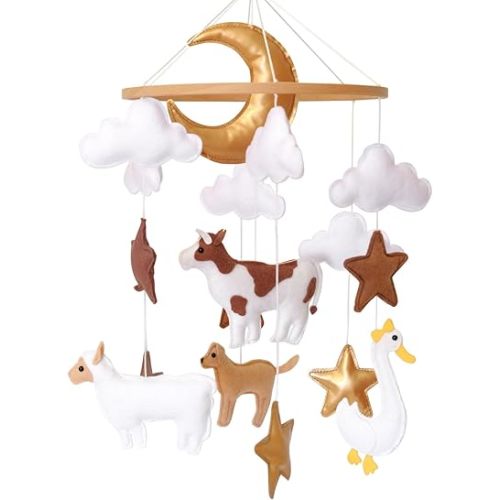 Farm Animals Baby Mobile, Mobile for Crib, Crib Mobile for Boys and Girls, Nursery Mobile for Bassinet, Pack and Play, Cows, Sheep, Golden Retriever, Goose, Moon