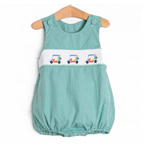 Gone Golfin' Smocked Bubble, Green Gingham – Stitchy Fish