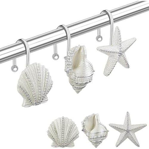 Shower Curtain Hooks Rings, 12PCS Pearl Shine Seashell Shower Rings, Anti Rust Decorative Shower Hooks for Beach Bathroom, Baby Room, Bedroom, Living Room Décor
