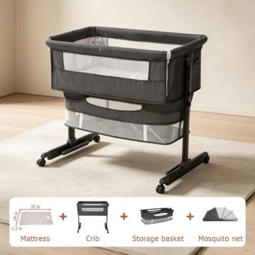 Kmaier Baby Bassinet 3 in 1 Foldable Portable Crib,6 Adjustable Height,with Wheels,Baby Bassinet Rocking-Dark Grey