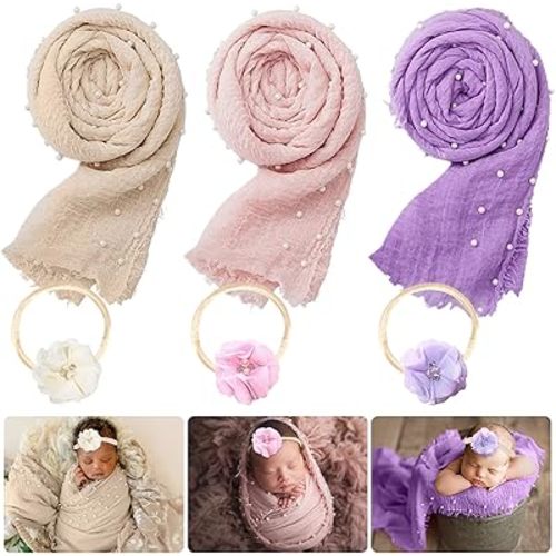 6 PCS Baby Props Photography Wrap Kits, SPOKKI 90X170cm Newborn Long Ripple Wraps with 3Pcs Flower Girl Headband Classic Outfits for Girl Princess Twins Birthday Party