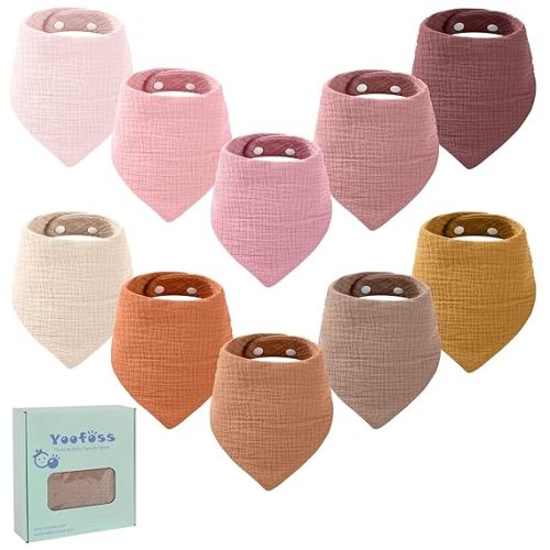 100% Cotton Bandana Bibs 10 Pack for Unisex Newborn Toddler, Soft Absorbent Bib for Drooling Teething - One Size