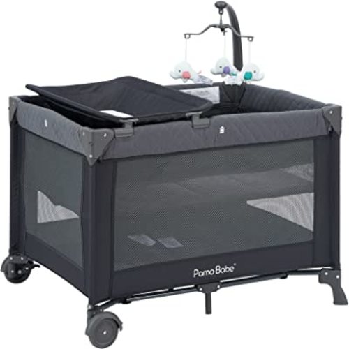 Pamo Babe Portable Crib for Baby, Portable Baby Playpen with Bassinet and Changing Table Grey