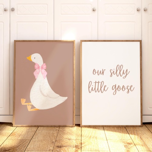 Girl Nursery Print Silly Goose Nursery Wall Art Set of 2 Baby Girl Baby Shower Gift Boho Farmhouse Girl Room Decor Duck with Bow Print Pink