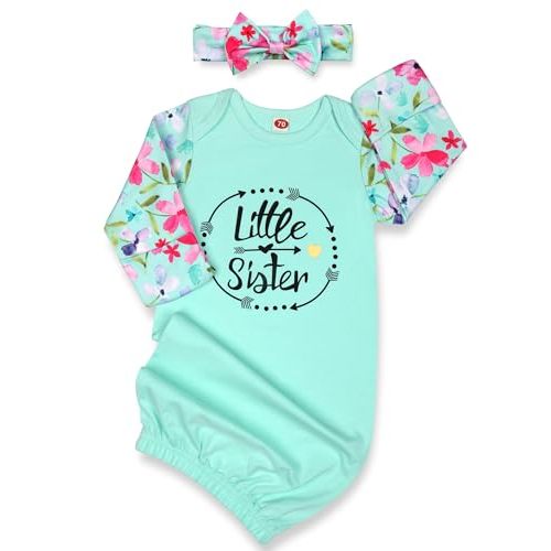 Mikccer Baby Gown 0-6 Months Newborn, Super Soft Breathable Baby Nightgowns, Baby Girl Little Sister Nightgowns Coming Home Baby Gown with Headband Set Mint Green