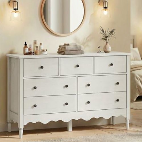 Besiost 47" Closet Storage Cabinet with 7 Drawers, Wooden Dresser with Support Leg, White