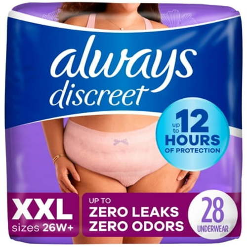 Always Discreet Adult Incontinence Underwear for Women and Postpartum Underwear, XXL, Up to 100% Bladder Leak Protection, 28 CT