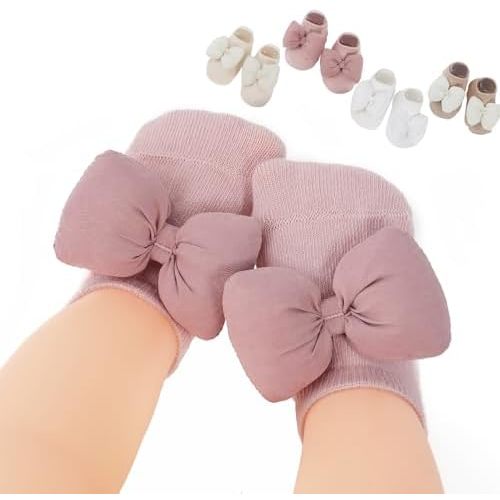 Urban Virgin 4 Pack Baby Girl Non-Slip Socks With Grips Infant Low Cut Ankle Socks Cotton Socks 0-6 Months With Bowknot