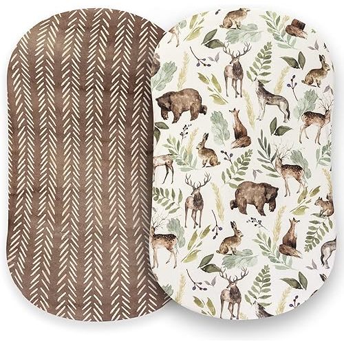 Pobibaby - 2 Pack Premium Bassinet Sheets for Standard Bassinets - Ultra-Soft Cotton Blend, Stylish Woodland Pattern, Safe and Snug for Baby (Wildlife)