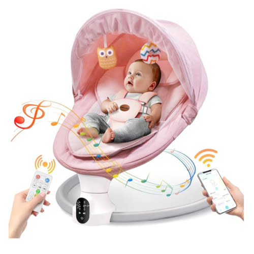 Baby Swing for Infants - Electric Baby Rocker with Exclusive App Function, Upgraded 5 Point Harness, Bluetooth Support, 10 Preset Lullabies and 5 Speeds, Portable Swing for Baby Boy Girl（Pink）