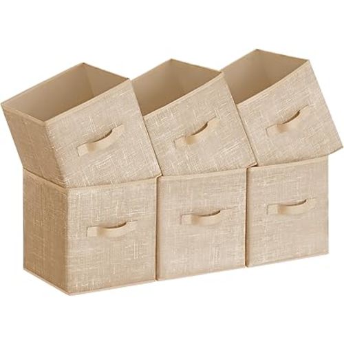 SONGMICS Storage Cubes, 11-Inch Non-Woven Fabric Bins with Double Handles, Set of 6, Closet Organizers for Shelves, Foldable, for Clothes, Sand Beige UROB26K03