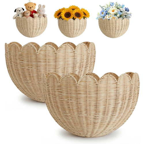 Scalloped Wicker Rattan Wall Mounted Storage Basket, Hanging Wall Organizer with Storage Function for Front Door Bedroom Entryway Household Use