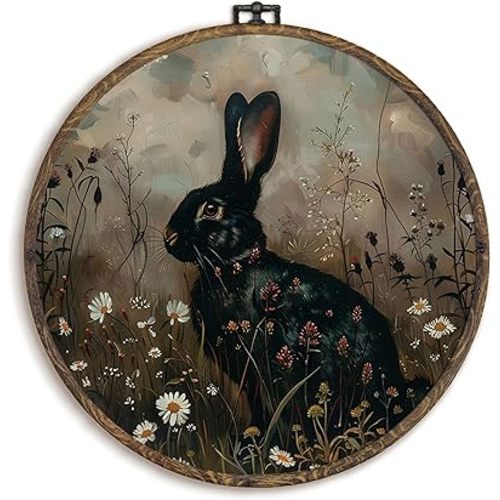 KFXHANGD Vintage Witchy Black Bunny Round Wall Art Framed,Decor, Cottagecore Rabbit Canvas Wall Art Decor, Dark Academia Bunny Floral Hanging Decor for Farmhouse Bathroom Living Room, 10x10in