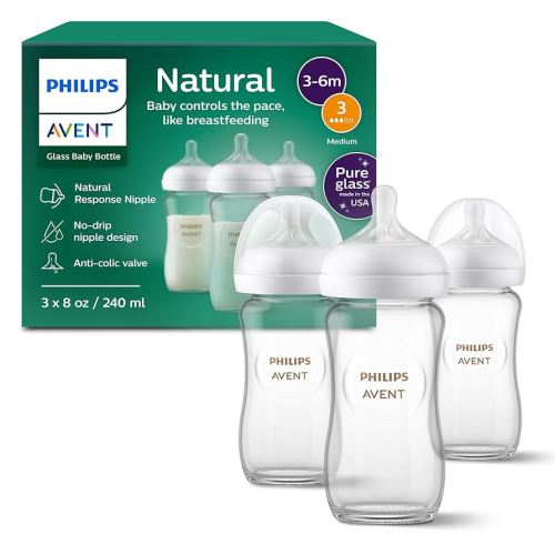 Philips Avent Natural Glass Baby Bottles with Natural Response Nipples (Medium Flow, Flow 3), 8oz, 3-pack, SCY913/03