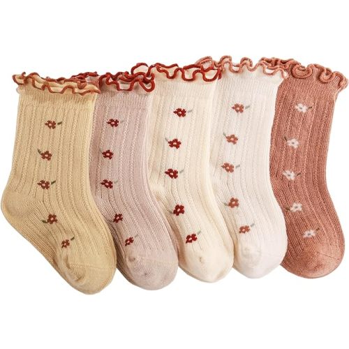 Baby Girls Toddler Socks Organic Cotton Socks Floral Pattern with Non-Skid Gripper for Fall Spring and Summer - 0-6 Months - 5 No Grip