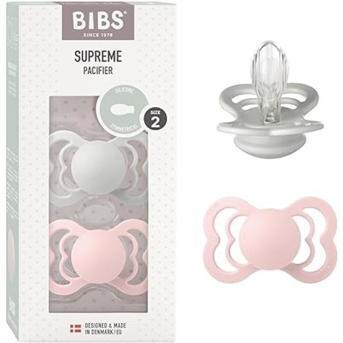BIBS Supreme Baby Pacifier 2-Pack | Made in Denmark | BPA Free Dummy Soother, Symmetrical Nipple. Silicone, Size 2 (6-18 Months), Haze/Blossom