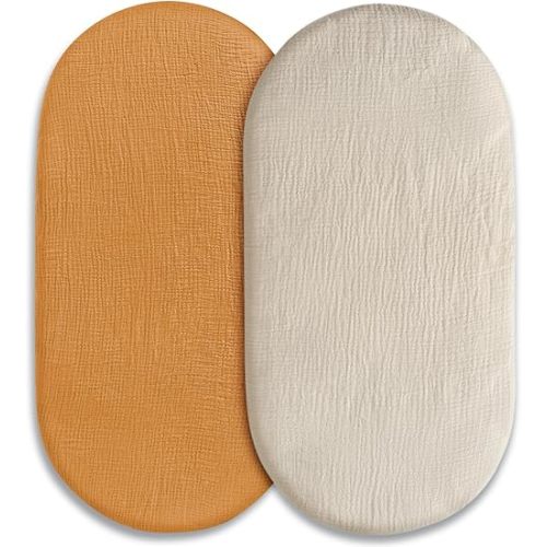 Muslin Bassinet Fitted Sheets, 2 Pack for Baby Boy and Girl, Soft Breathable Stretchy Baby Pad/Mattress Sheet Set, Universal Fit for Hourglass Oval and Rectangle Bassinet Mattress (Elegant Colors)