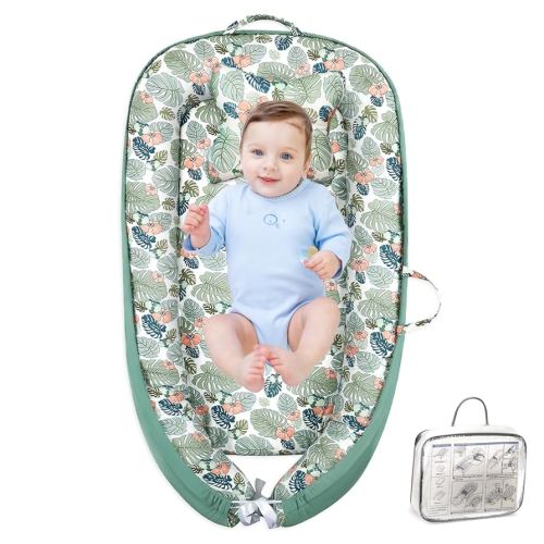 Baby Lounger for Newborn 0-24 Months with Removable Pillow | Doc A Tot Baby Lounger Breathable, Portable & Soft CPSC Certified Snuggle Me Baby Lounger for Home, Travel, Baby Boy Lounge-Green Leaf