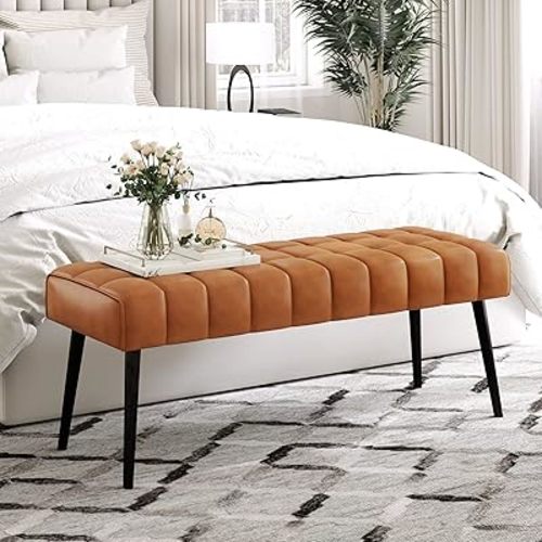 LUE BONA Entryway Bench, 44.5'' Leather Upholstered Bedroom Benches, End of Bed Bench with Metal Legs, for Decorative, Living Room, Dining Room, Whiskey Brown