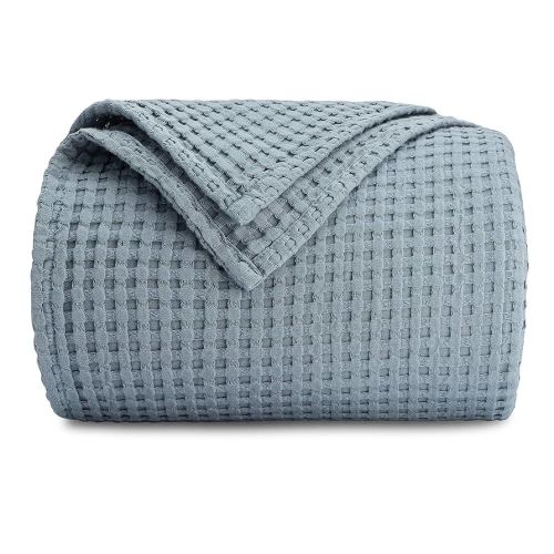 Comfy Cubs Waffle Blanket Twin, 90" x 66" - 100% Cotton Lightweight Breathable Bed Blanket - Soft Textured Thermal Weave for All Seasons – Decorative Cozy Layer for Couch, Sofa, or Bed - Pacific Blue