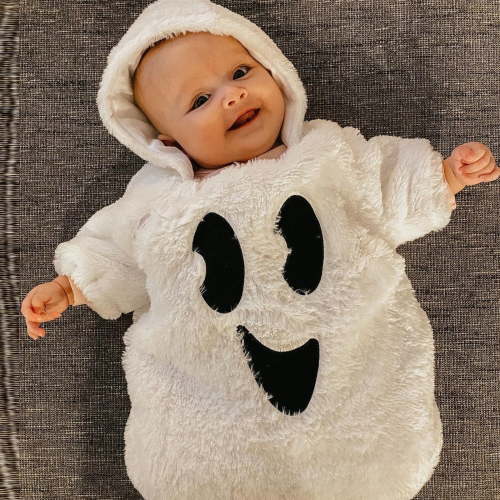 Mama's sunshine Infant Baby Fuzzy Halloween Jumpsuit Ghost Face Print Long Sleeve Hood Romper Toddler Clothes