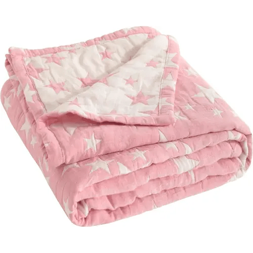 NTBAY 3 Layer Toddler Blanket, Muslin Cotton Jacquard Bed Blankets, Lightweight Thermal Baby Blanket, Super Soft and Warm Crib Blanket for All Seasons, Decoration Gift, 30"x40", Pink Star