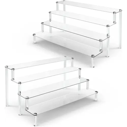 KALYLOC 2Pcs Acrylic Riser Shelf Display Stand, 4 Tier Clear Display Shelf Action Figures Holder, Collectibles Shelf for Toys Cupcakes Dessert Jewels Figurines(15.7x10.5x7.5inch)