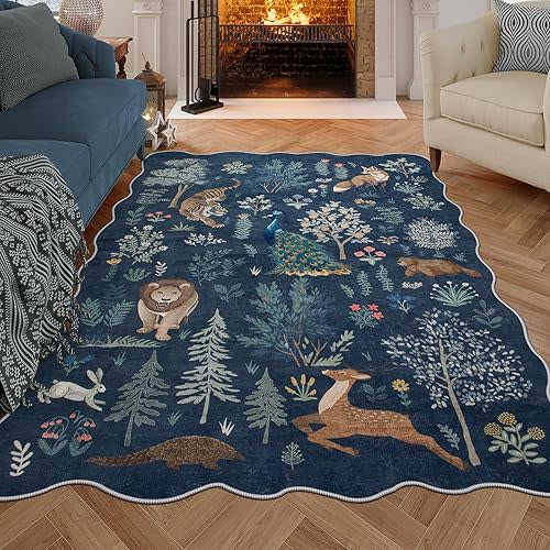 Jungle Tiger 5x7 Area Rug, Soft Boho Rugs for Bedroom Ultra-Thin Washable Playroom Rug, Boho Animal Print Non Slip Carpet Rug for Living Room Nursery Kids Room Office (Blue, 5'x7')