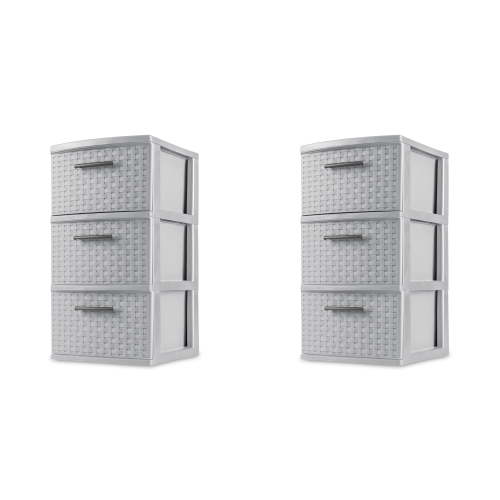 Sterilite 3 Drawer Tower, Slim Plastic Weave 3 Drawer Tower with Pull Handles, Gray, Pack of 2