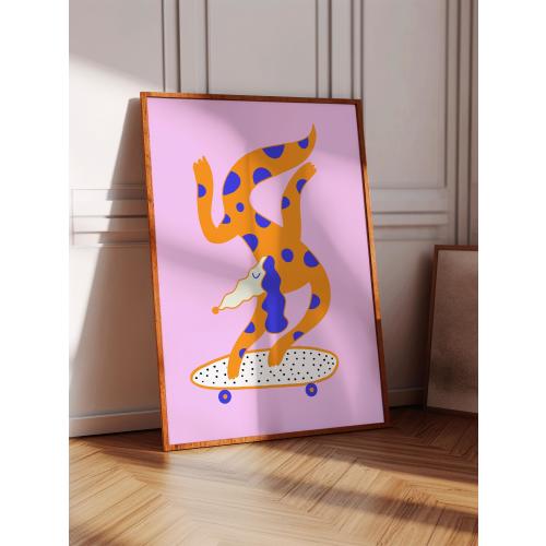 Skateboarding Dog Art Print, Home Decor, Wall Decoration, Gift For Her Kitchen, Bedroom and Living Room, House Warming, Illustration, Girls