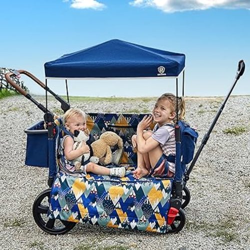 EVER ADVANCED Side-Unzip Wagon Stroller for 2 Kids, Push Pull Stroller with Adjustable Handle, Easy Access Zipper Door, 5-Point Harness, UV-Protection Canopy Shock-Absorbing Wheels, Fox Printing