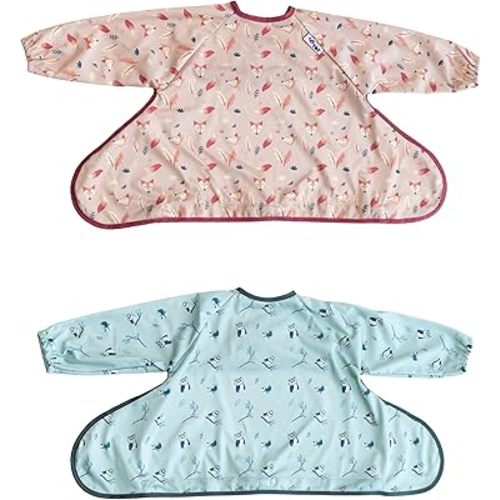 Tidy Tot - 2 Pack Cover & Catch Baby Bibs - Mess Proof Long Sleeve Feeding Smock with Food Catcher Pocket - Waterproof Bib