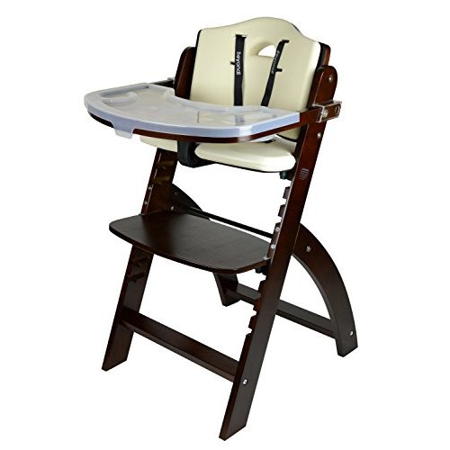 Abiie Beyond Junior Wooden High Chair with Tray - Convertible Baby Highchair - Adjustable High Chair for Babies/Toddlers/6 Months up to 250 Lbs - Stain & Water Resistant Mahogany Wood/Cream Cushion