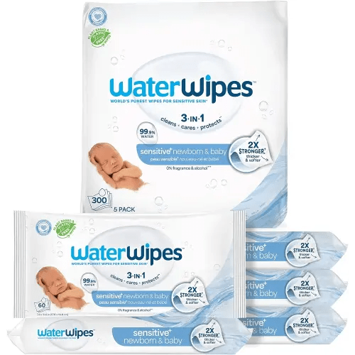 WaterWipes Sensitive+ Newborn & Baby Wipes, 3-In-1 Cleans, Cares, Protects, 99.9% Water, Unscented & Hypoallergenic, 300 Count (5 Packs)